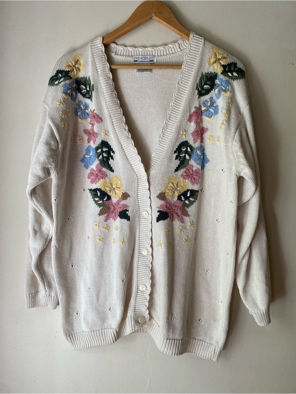 Vintage Cotton Cream Floral Embroidered V-Neck Button Cardigan